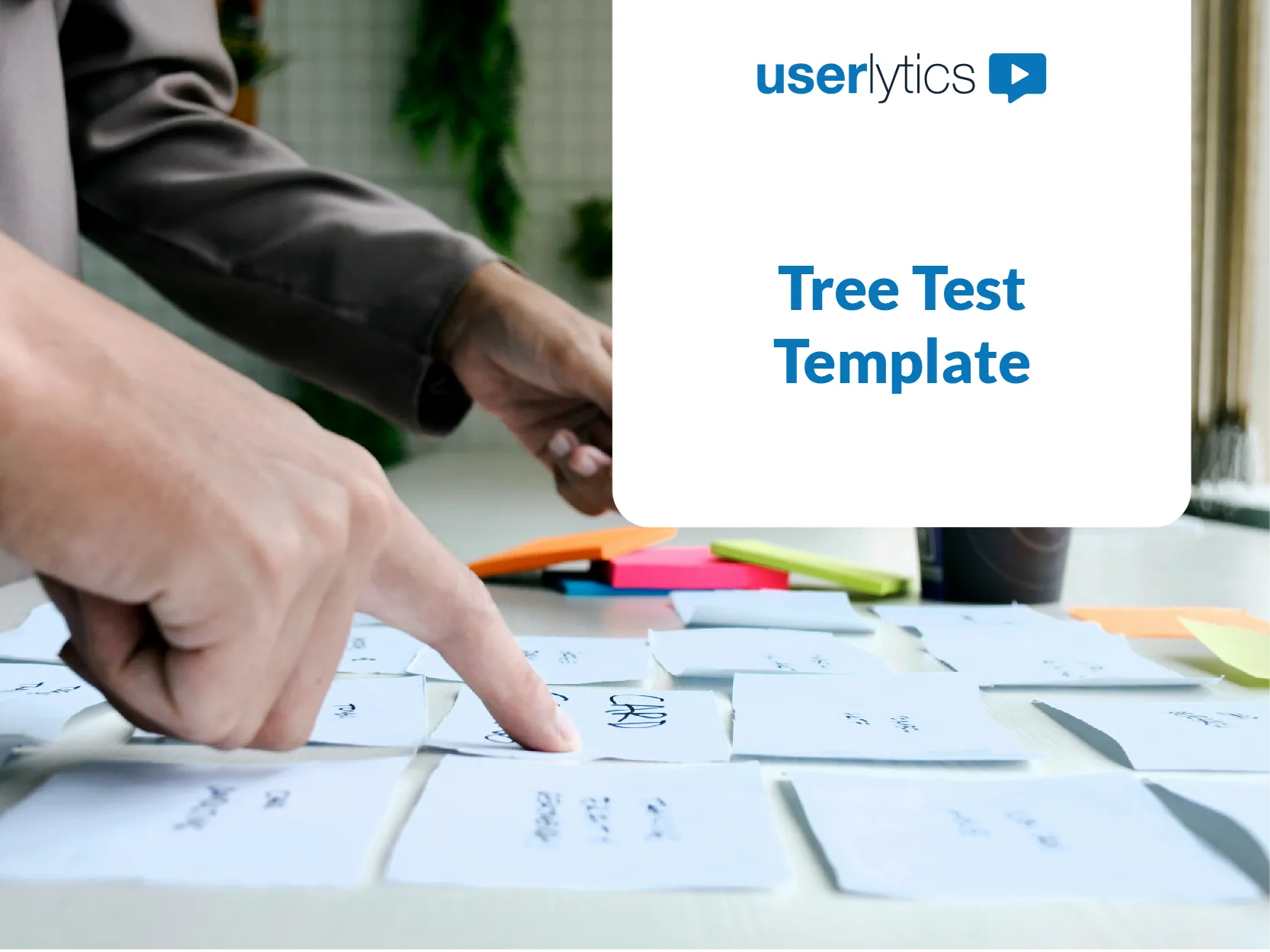 Userlytics tree testing template with hands pointing at cards. Perfect for conducting UX research to evaluate the clarity of website structure and optimize user flow through tree testing methods.