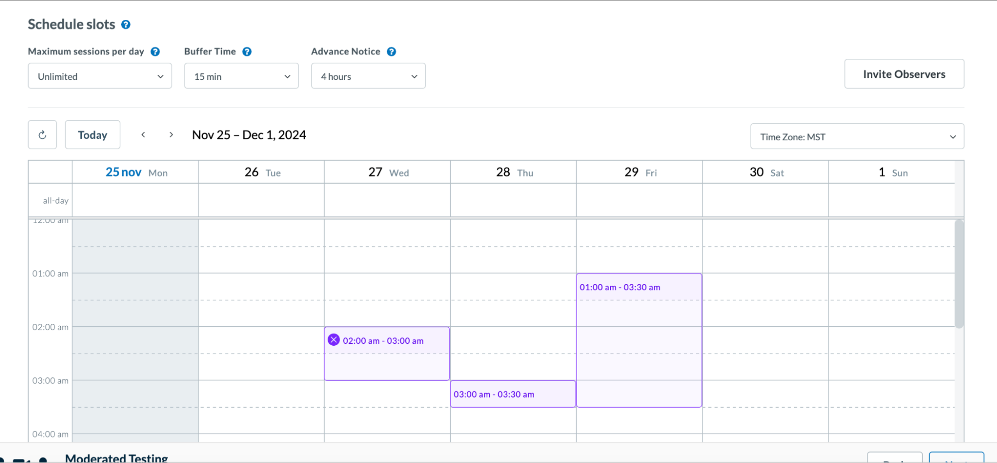 To cancel a moderated session, select the session on your Userlytics calendar that you wish to cancel. Then, click on the “X” button to delete it. 
