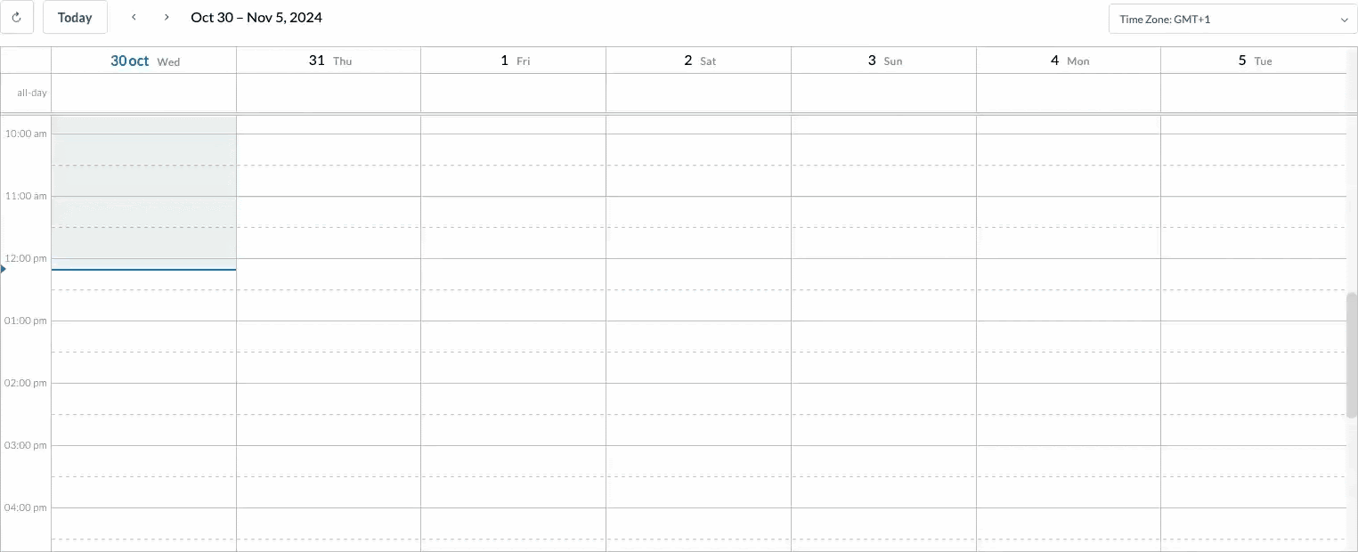 Userlytics moderated study scheduling. Click on any available time slots within the calendar and simply drag to set time blocks.