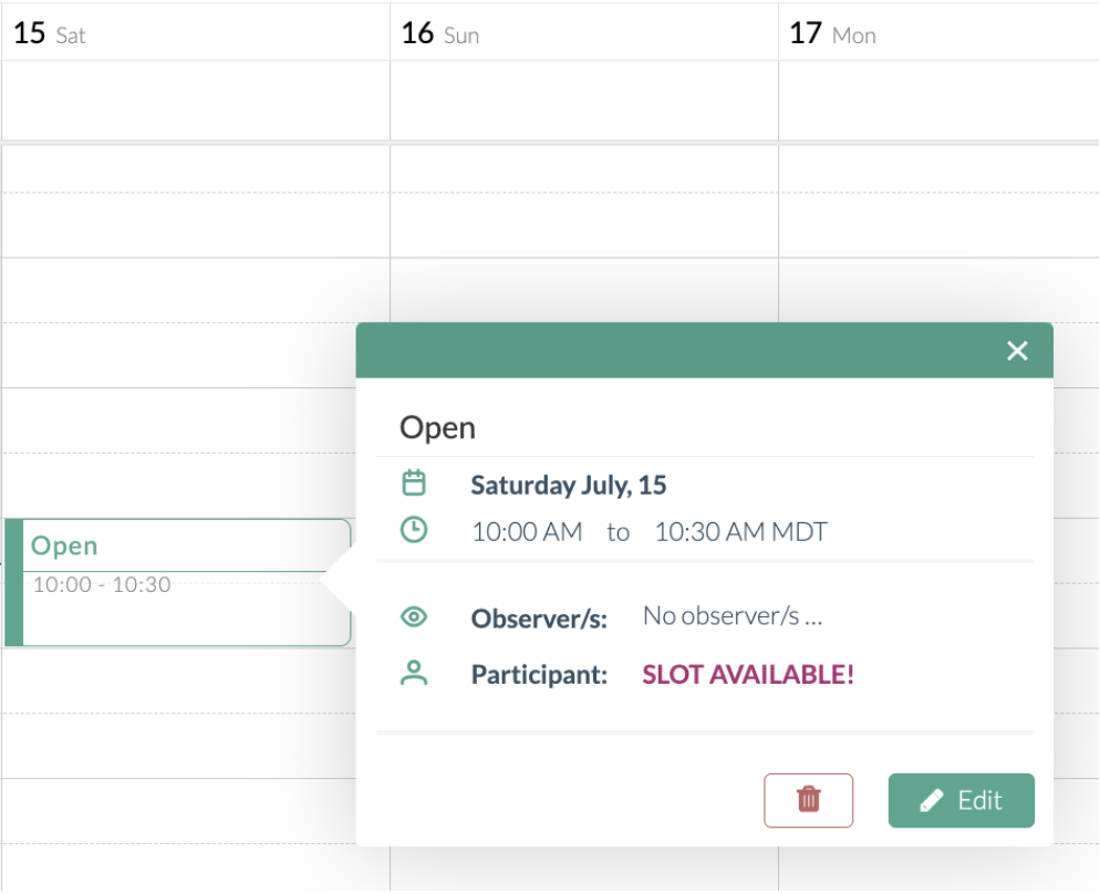 Selecting the block on the calendar will open up a new dialog box that shows information about that moderated study session.